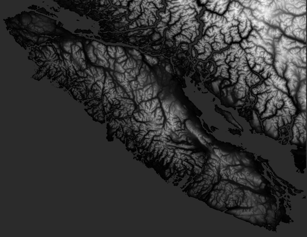 Vancouver Island DEM with 5x4 tile grid overlay