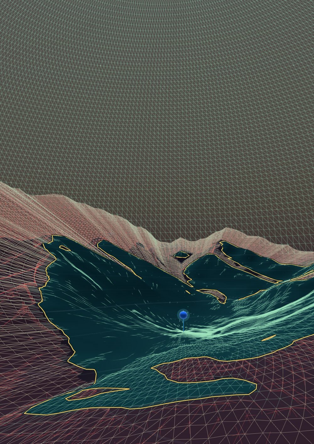An inside view of a viewshed: teal painted ground and a red wireframe lattice surrounding a central blue observer marker, with terrain falling away toward the horizon