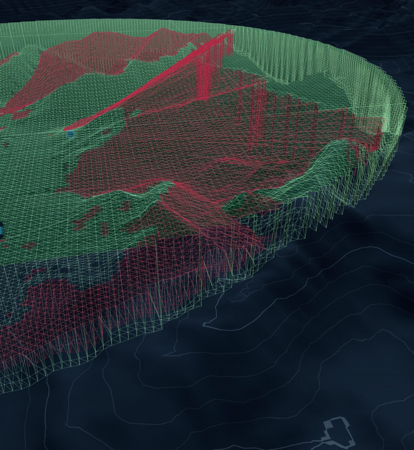 Wireframe view of a viewshed volume: a green visible shell with red vertical shadow columns dropping to the terrain below
