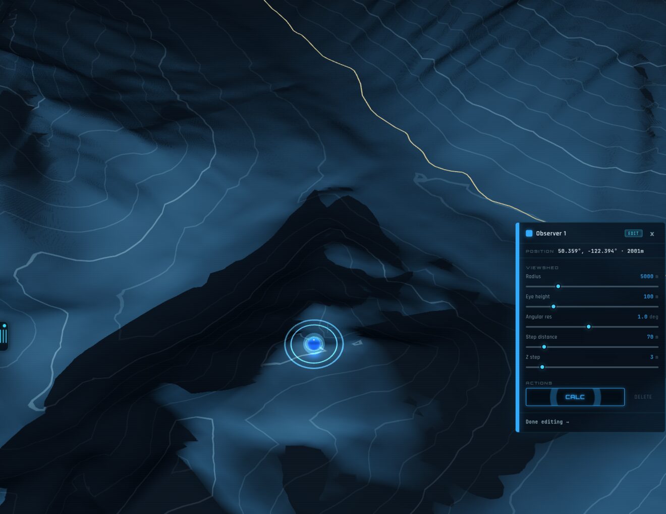 The Skywatch workspace at night: a glowing, draggable observer marker on a dark 3D terrain surface, with an observer settings console docked on the right