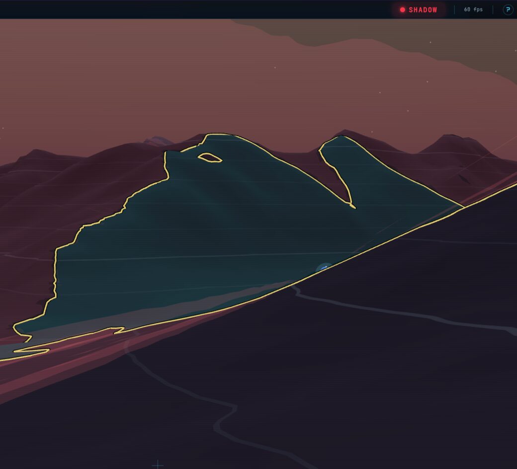 The same scene flipped to show only the shadowed ground — the terrain hidden behind intervening ridges