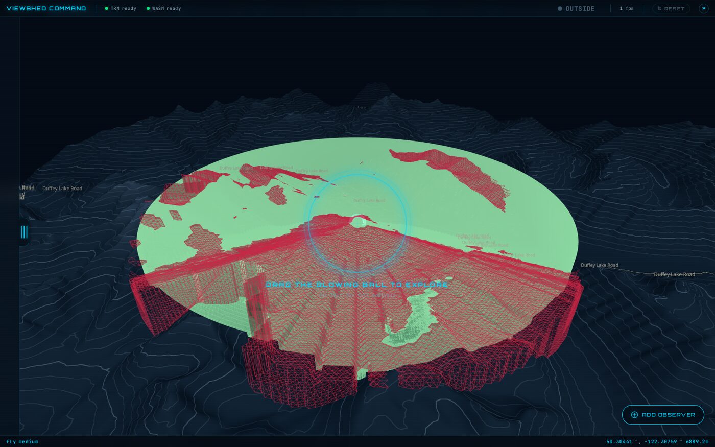 The Skywatch workspace: a translucent green viewshed dome over a 3D terrain mesh, with a heads-up display, road labels, and an Add Observer button