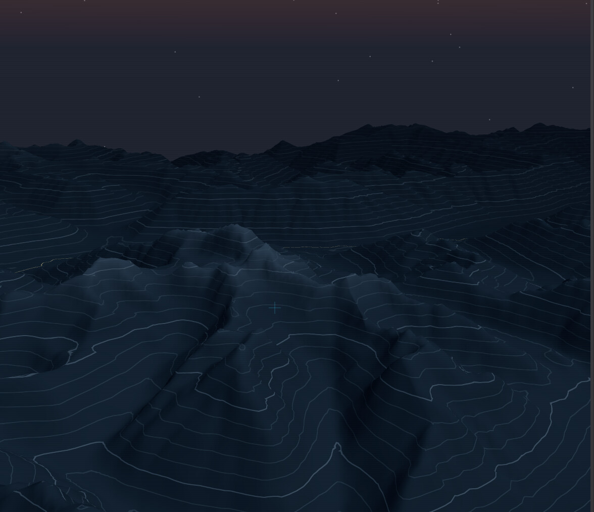 A 3D elevation surface of mountainous terrain at night, drawn with fine contour lines beneath a starlit sky