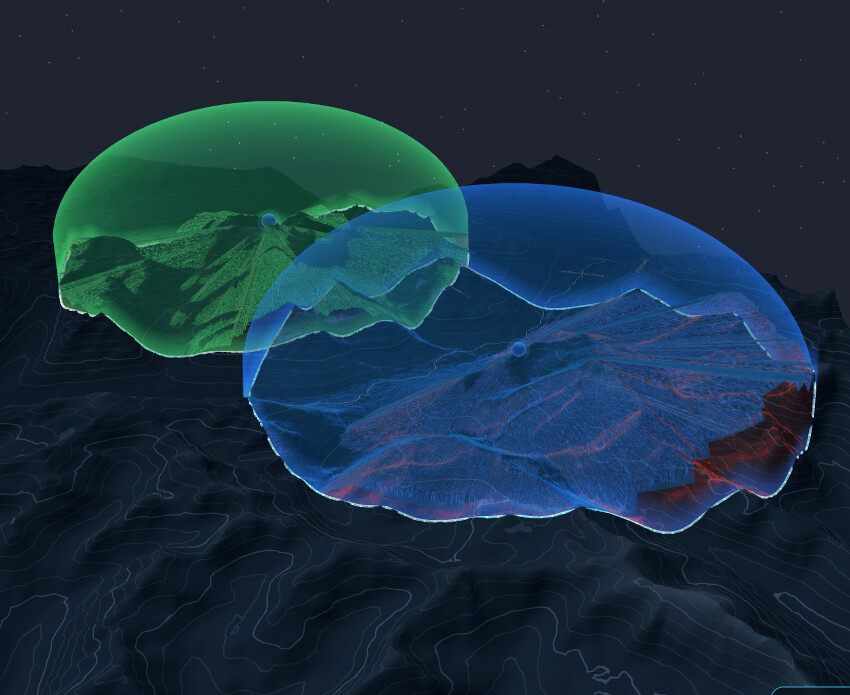 Two observers on the same terrain, each with its own viewshed volume — one shaded green, the other blue — overlapping where both can see