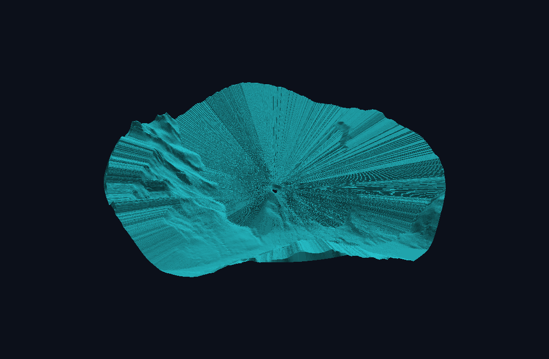 A cyan 3D viewshed mesh seen from an oblique angle, showing radial ribbing that fans out from a central point