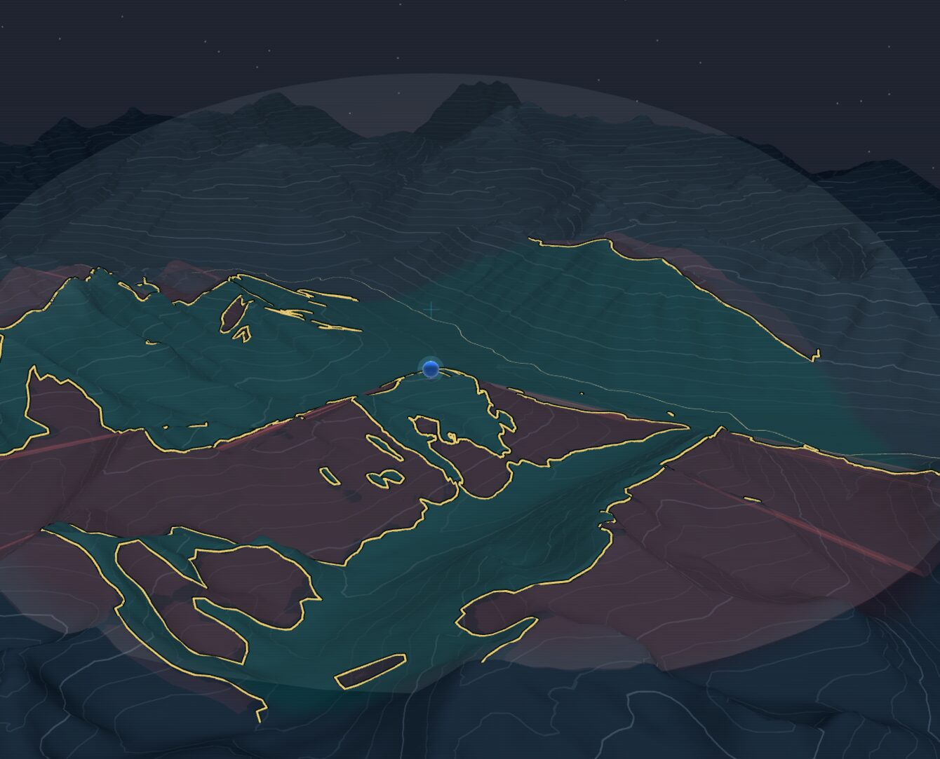 A computed viewshed at dusk: the terrain is painted teal where the observer (blue marker) can see and maroon where ridges hide the ground, traced by a glowing amber boundary, beneath a translucent visibility dome