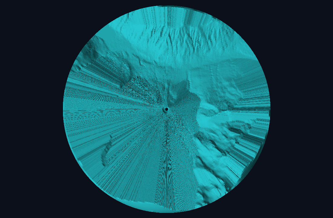 The same cyan viewshed mesh seen from directly above, showing concentric rings and radial spokes of the polar lattice
