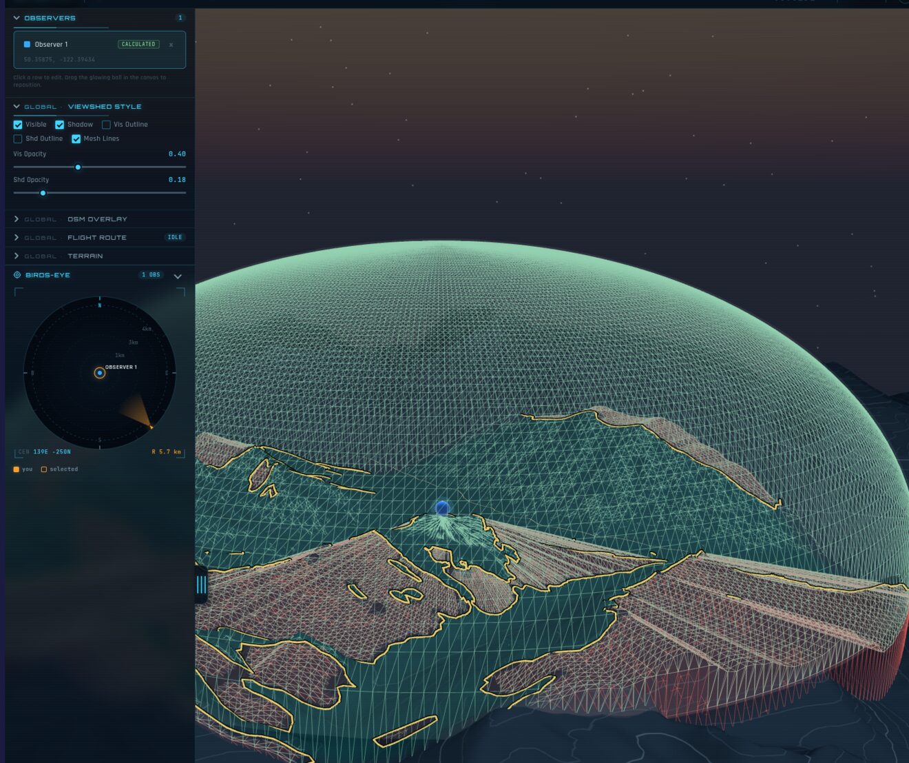 The Skywatch workspace showing a layer-and-style control panel, a circular birds-eye radar minimap, and a wireframe viewshed dome with teal and maroon ground paint draped over terrain