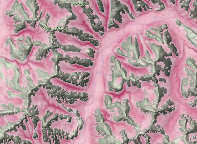 Map of areas with high negative elevation variance, highlighting steep river valleys