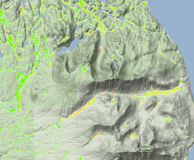 Final Topographic Wetness Index model rendered over the terrain in GRASS GIS