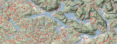 High-value areas of a Terrain Wetness Index in mainland British Columbia, east of the northern tip of Vancouver Island