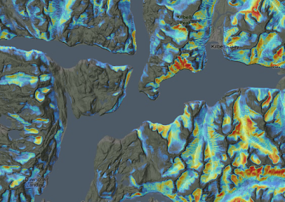 TOPEX layer draped over Google Terrain basemap, highlighting areas of low exposure