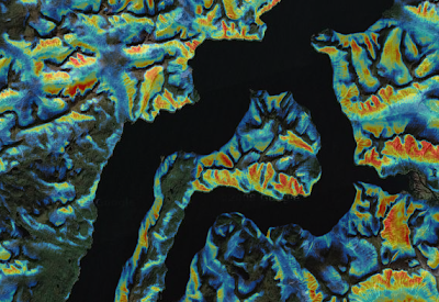 TOPEX analysis map with red areas marking zones of low topographic exposure